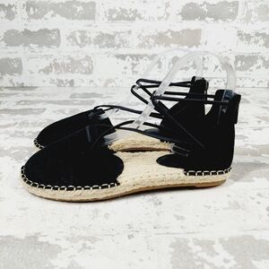 New Eileen Fisher Black Leather Lace Up Espadrilles X127